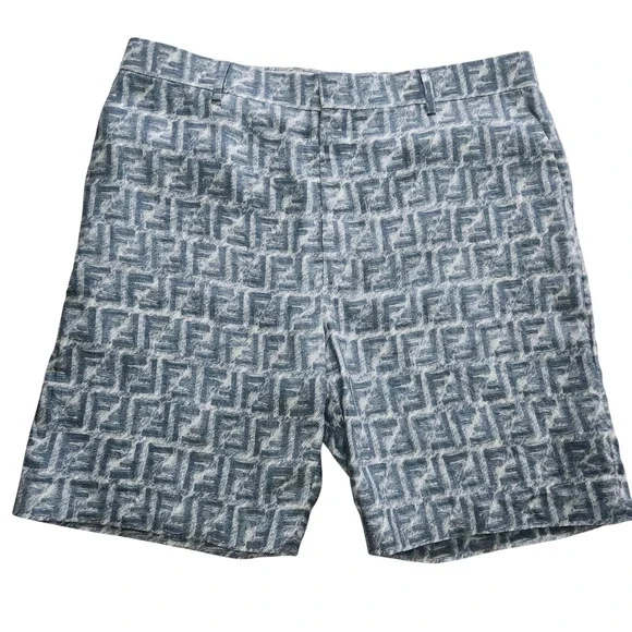 Fendi FF Logo Linen Shorts Mens Bermuda Blue White IT 52 FB0821 AR62 - Picture 2 of 15